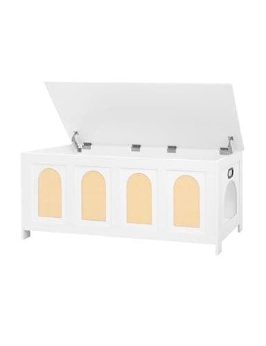 DINZI LVJ Hideaway Cat Litter Box, Flip Top & Sturdy Enclosure, White — White & Natural