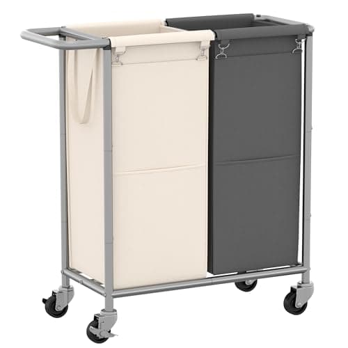 Laundry Separator Hamper with Rolling Wheels for Dirty Clothes Storage — Gray + Cream White