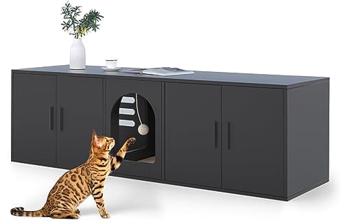 2 Cat Litter Box Enclosure, Double Room Wooden Furniture with Cat Door, White — Black
