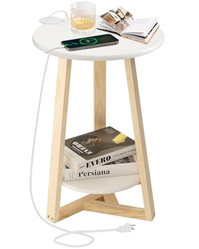 Hadulcet Two-Tier White Side Table for Living Room & More — White With Charging Station