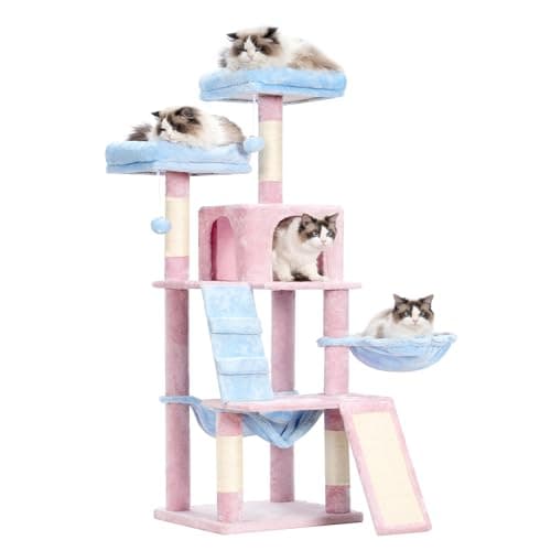 Heybly Cat Tree for Indoor Cats, Multi-Level Furniture Condo with Perch, Basket & Scratching Board - Blue/Pink