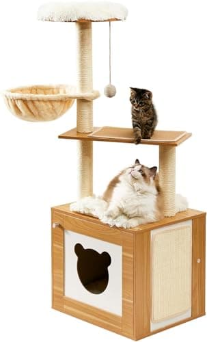 Modern 2-in-1 Cat Tower for Indoor Cats, 48.6 Wood Kitten Condo with Litter Box Enclosure and Scratching Post