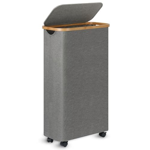 Slim 60L Laundry Hamper with Lid, Bamboo Handle, Grey — Grey