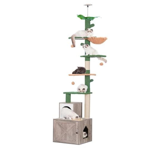 Adjustable Cactus Cat Tower with Cozy Basket and Scratching Board — Rustic Gray