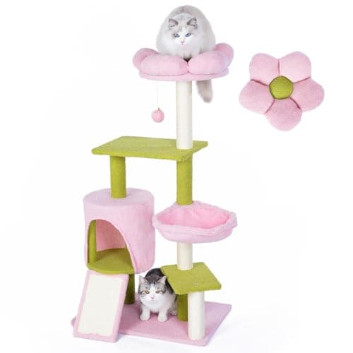 Flower Cat Tree 46 Inches, Medium Size with Hammock & 3 Scratching Posts - Pink