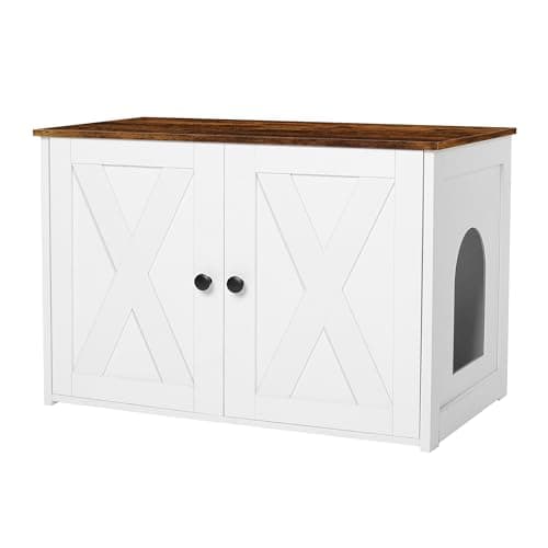 Dwanton Reversible Cat Litter Box Enclosure, Greige Wooden Furniture — White+Rustic Brown