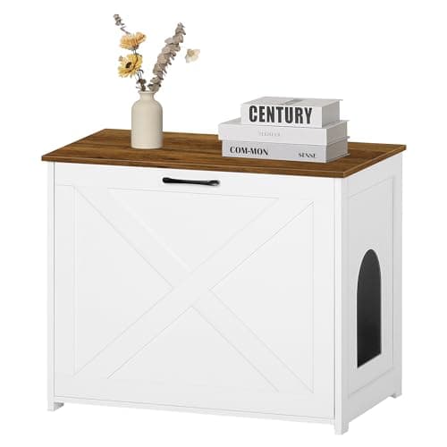 Dwanton Cat Litter Box Furniture with Reversible Entrance — White+Warm Brown