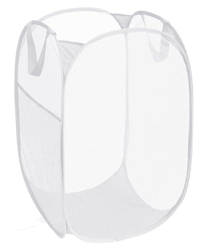 Reinforced Pink Collapsible Laundry Hamper with Side Pocket & Carry Handles — White