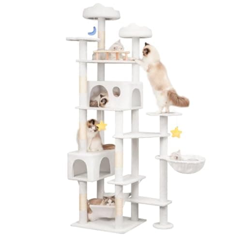 Giant Smoky Gray Cat Tree for Big Cats & Maine Coons, Tall Scratching Tower — White