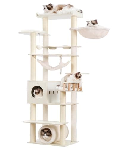 Smoky Gray 64" Tall Cat Tree with Tower, Condo, Food Station, Scratching Post & Hammock GCT021G — White
