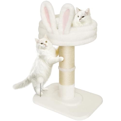 Sisal Cat Scratching Post with Soft Pink Rabbit Bed, Cute Cat Tower for Indoor Cats — White