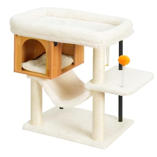 Heybly Modern Wooden Cat Tree with 3 Scratching Posts & Rustic Gray Condo HCT007SSG — Walnut