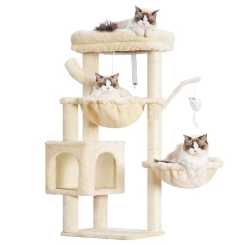 Heybly Cat Tree for Indoor Cats 39.4 Inches Tower HCT006SW Light Gray Scratching Post and Dangling Toy — Beige