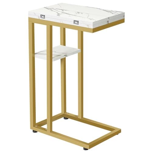 HOOBRO Foldable C-Shaped End Table with Storage, Rustic Brown, BF29SF01 — Marble + Gold
