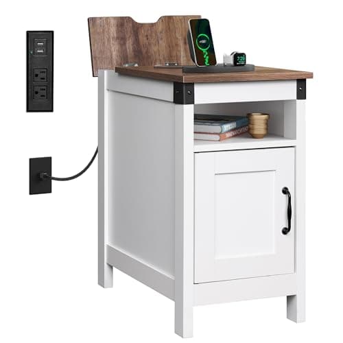 WLIVE Living Room End Table with Charging Station and Storage, Espresso Finish — White
