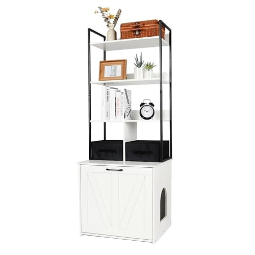Dwanton Rustic Brown Cat Litter Box with 3 Shelves & 2 Drawers — White