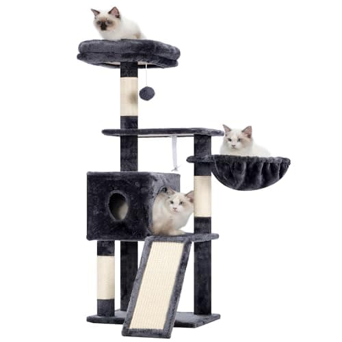 Light Gray MPJ007SW Plush 42.5-Inch Cat Tower with Scratching Post & Hanging Ball — Smoky Gray