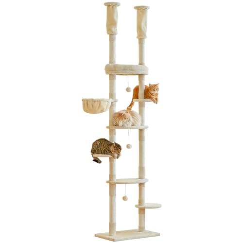Adjustable Floor to Ceiling Cat Tower with 7 Tiers and Scratching Posts - Ideal for Indoor Cats — Beige