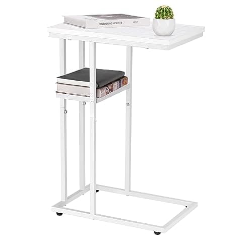 YooBure C-Shaped End Table, Rustic Snack Table for Living Room and Bedroom — White