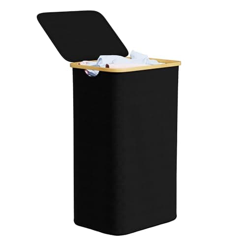 Large Capacity Collapsible Laundry Hamper with Bamboo Handles - Pink — Black