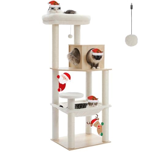 PetepeLA 45.7" 5-Level Cat Tree, Large Hammock & Scratching Posts, Pink — Wood Beige