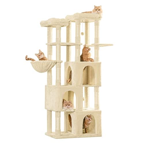 MWPO Smoky Grey Extra Large Cat Tree - 70.1-Inch Tall Multi-Level Tower with 3 Condos, Scratching Posts & Dangling Toys — Beige