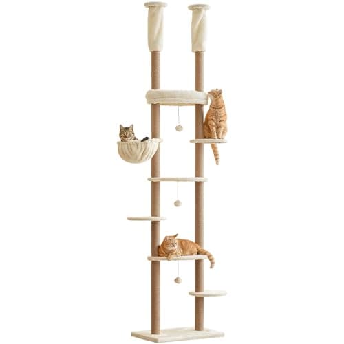 Adjustable Floor to Ceiling Cat Tower with 7 Tiers and Scratching Posts - Ideal for Indoor Cats — Beige2.0