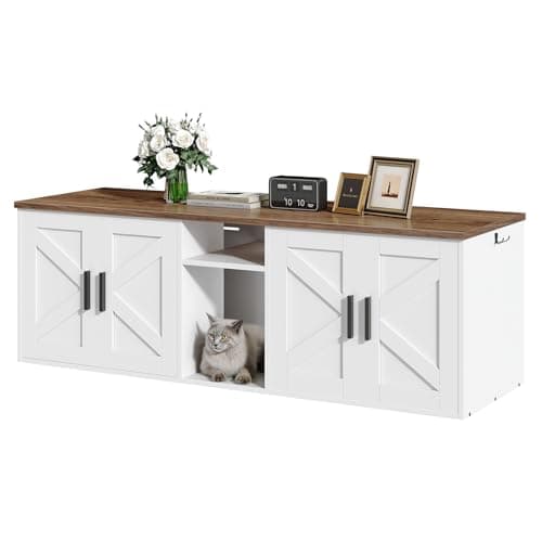 HOOBRO 58.3" Cats' Enclosure with Corridor & Double Litter Boxes, White — White + Walnut