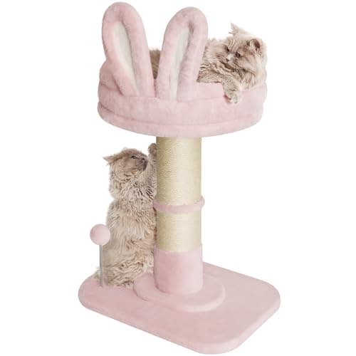 Sisal Cat Scratching Post with Soft Pink Rabbit Bed, Cute Cat Tower for Indoor Cats