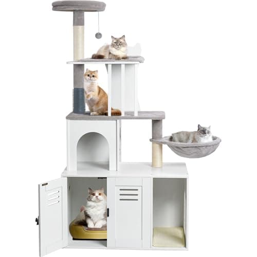 Modern 2-in-1 Cat Tree with Litter Box Enclosure for Indoor Cats, 58.66’’ Wood Condo with Scratching Post and Hammock, Grey — White