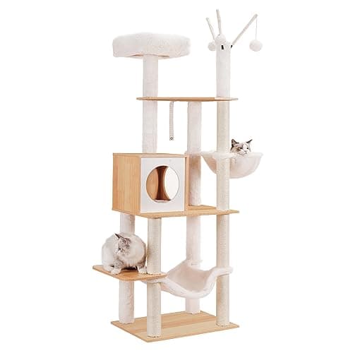 Hey-Brother Rustic Brown Wooden Cat Tree with Scratching Posts & Hammocks MPJ120SR — Walnut