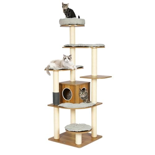 Tall Wood Cat Tree with Sisal Posts, 69" Multi-Level Platforms, Heavy Duty for Large Cats