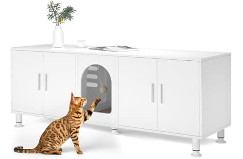 2 Cat Litter Box Enclosure, Double Room Wooden Furniture with Cat Door, White — White with Legs