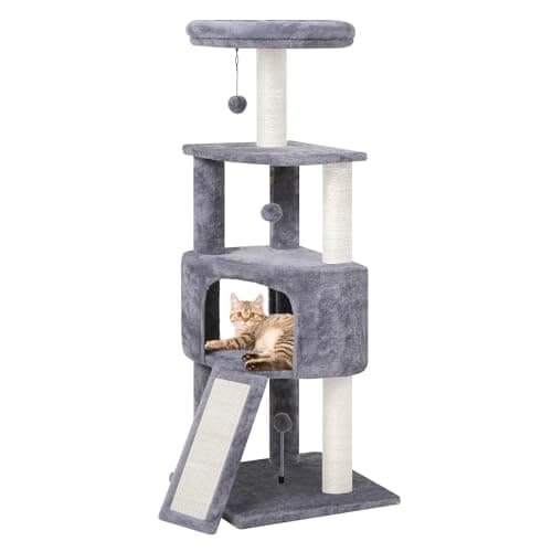 Beige 45in Multi-Level Cat Tree Tower with Scratching Post & Toys — Grey