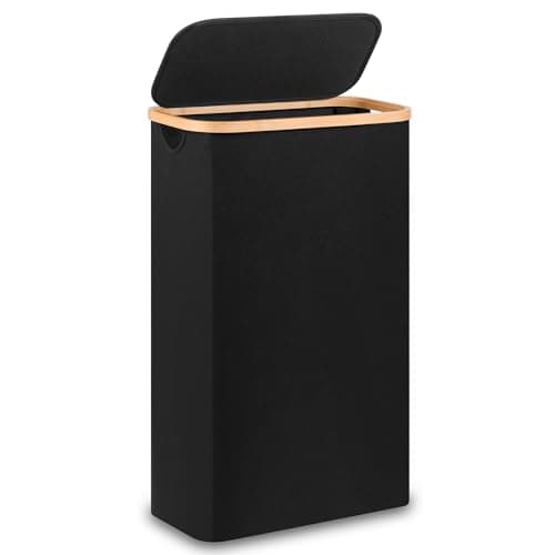 Slim 60L Laundry Hamper with Lid, Bamboo Handle, Grey — Black