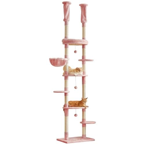 Adjustable Floor to Ceiling Cat Tower with 7 Tiers and Scratching Posts - Ideal for Indoor Cats — Pink