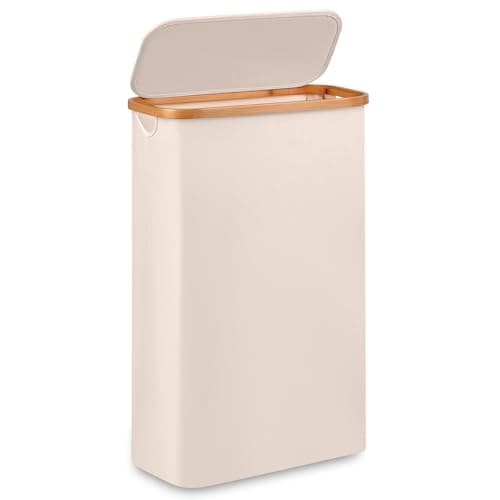Slim 60L Laundry Hamper with Lid, Bamboo Handle, Grey — Beige