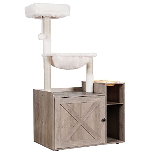 Hey-Brother Rustic Gray Cat Tree with XL Litter Box, Modern Pet Furniture MPJ101SG