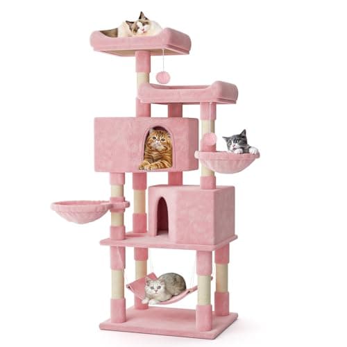 MoNiBloom 58 Inch Cat Climbing Tower with Condos, Scratching Post & Hammocks - Soft Pink
