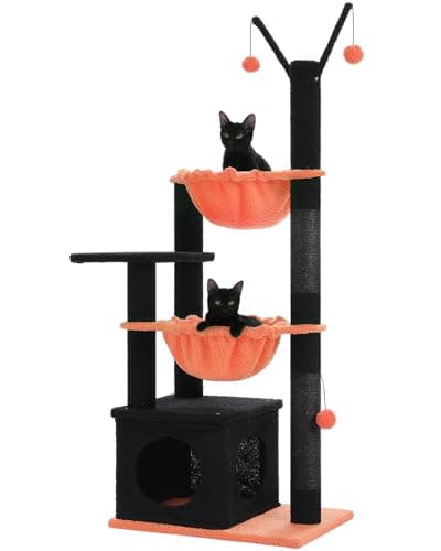 Spooky Gothic Cat Tree with Coffin Condo, 2 Metal Hammocks & Scratching Post, Black Halloween