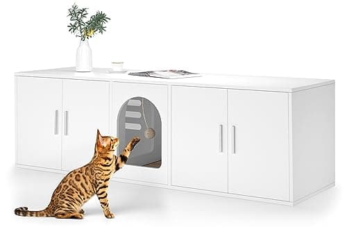 2 Cat Litter Box Enclosure, Double Room Wooden Furniture with Cat Door, White