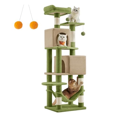 Feandrea 61-Inch Multi-Level Cat Tree with 5 Scratching Posts Light Gray — Grass Green + Camel Brown