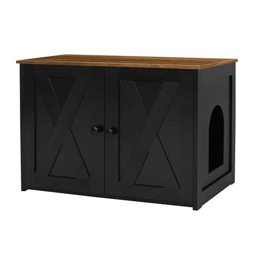 Dwanton Reversible Cat Litter Box Enclosure, Greige Wooden Furniture — Black+Warm Brown