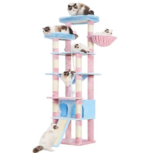 Heybly 68 Inch Multi-Level Cat Tree with Plush Perches and Caves HCT025G — Blue and Pink