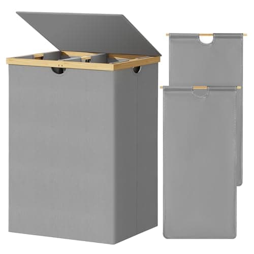WOWLIVE 180L Extra Large Bamboo Laundry Hamper with Removable Bags, Beige — Grey