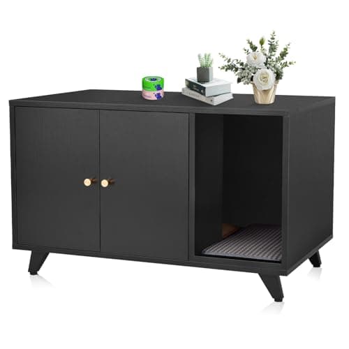 Modern Cat Litter Box Enclosure with Scratching Pad & Natural Oak Legs — Black + Gold