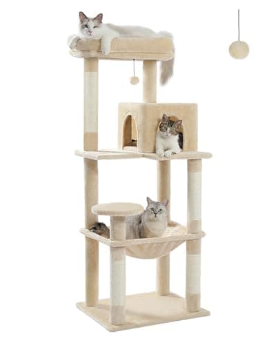 Beige Metal Plush Cat Tree for Large Cats with Hammock & 6-Tier Shelves