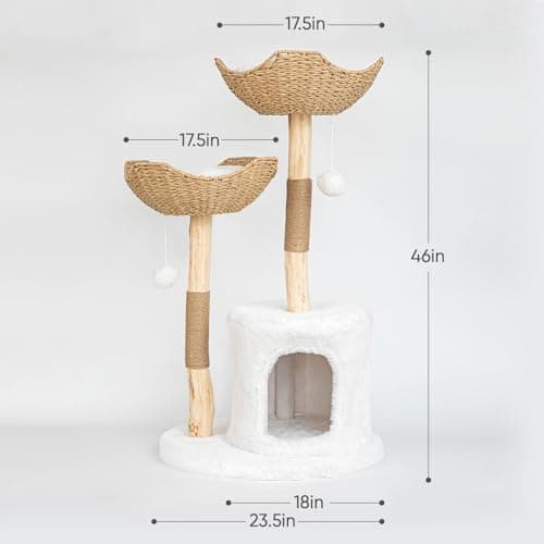 Tall Wooden Cat Tree for Large Cats 46" White with Scratcher.