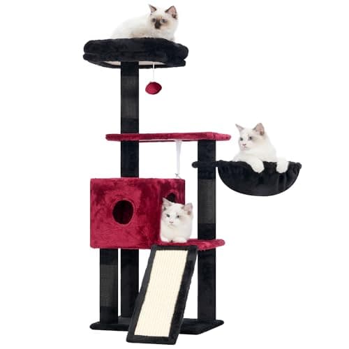 Light Gray MPJ007SW Plush 42.5-Inch Cat Tower with Scratching Post & Hanging Ball — Black and Red