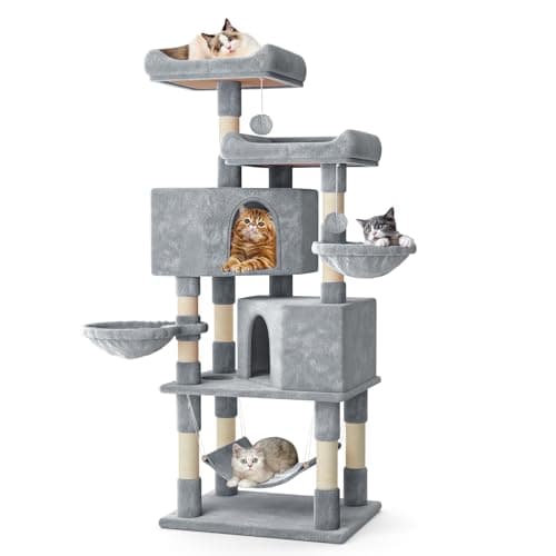 MoNiBloom 58 Inch Cat Climbing Tower with Condos, Scratching Post & Hammocks - Soft Pink — Light Grey